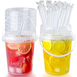 New 15 Sets Disposable Clear Plastic Cups w/ Lids & Straws 34 oz Reusable